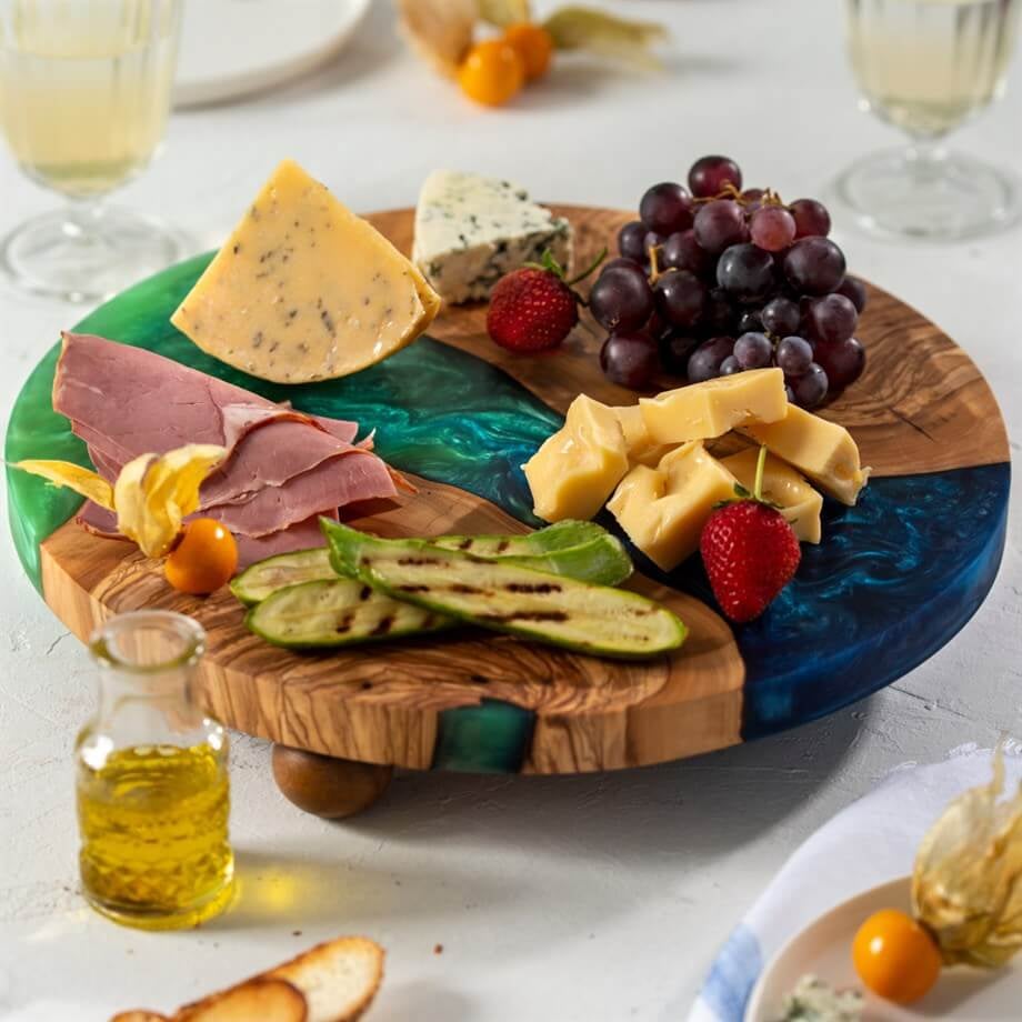 Handcrafted Epoxy & Olive Wood Sea Blue Circular Serving Board