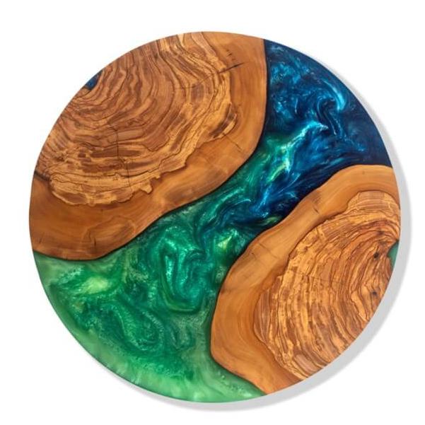 Handcrafted Epoxy & Olive Wood Sea Blue Circular Serving Board