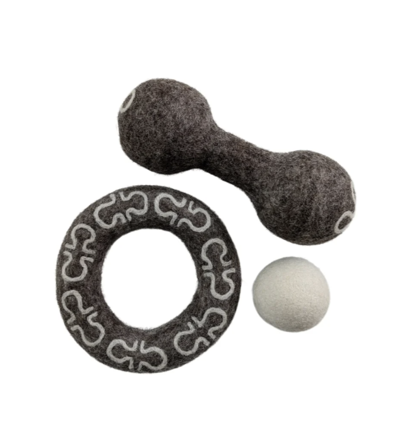 Handmade in Nepal Small Virgin Wool Dog Toys - Ring, Dumbbell & Ball
