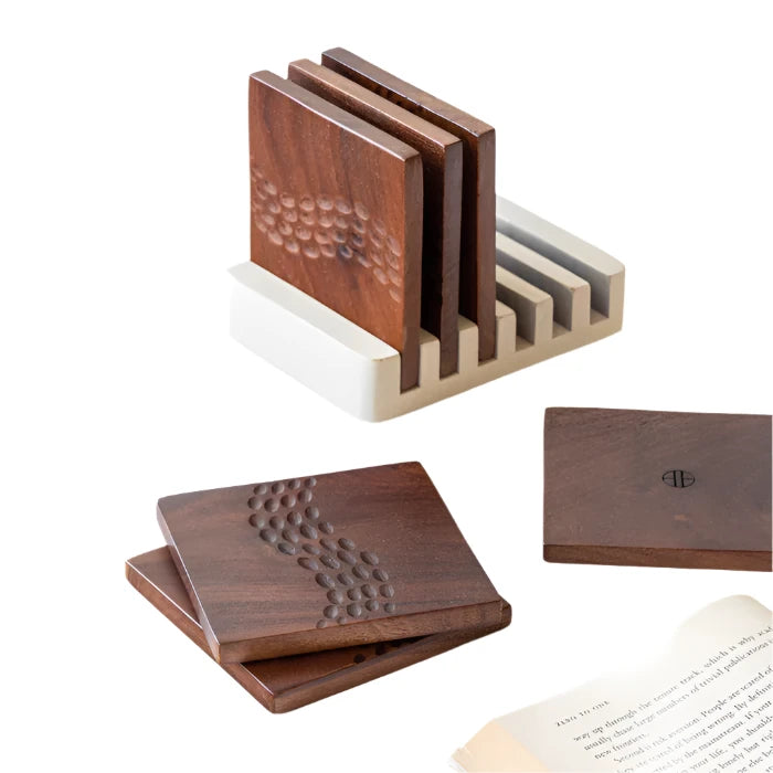 Set of 7 Mango Wood Coasters & Stand