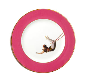 Set of 4 Trapeze Girl Raspberry 22kt Gold Dinner Plates