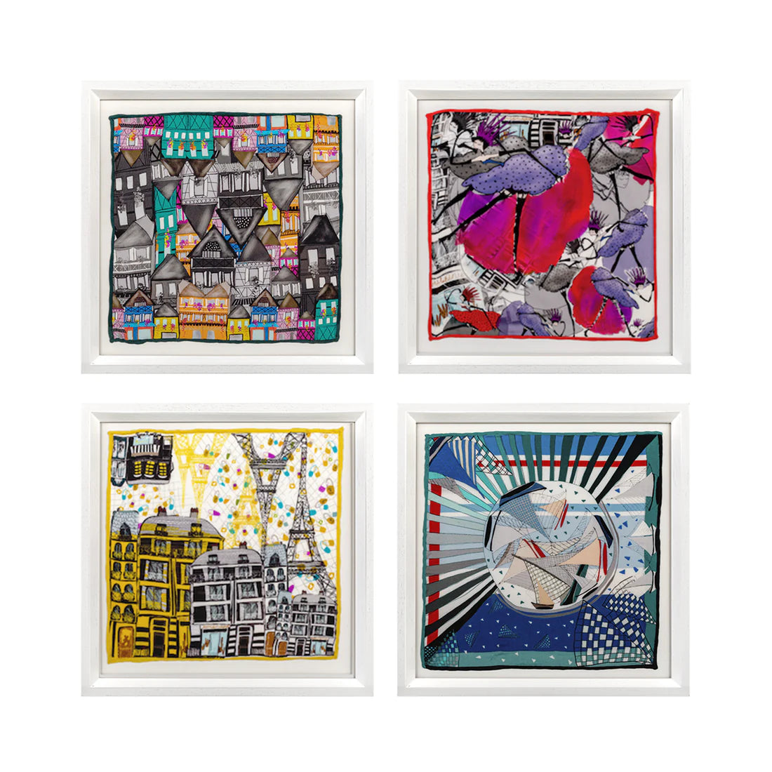 Set of 4 France Travel White Framed Silk Scarf