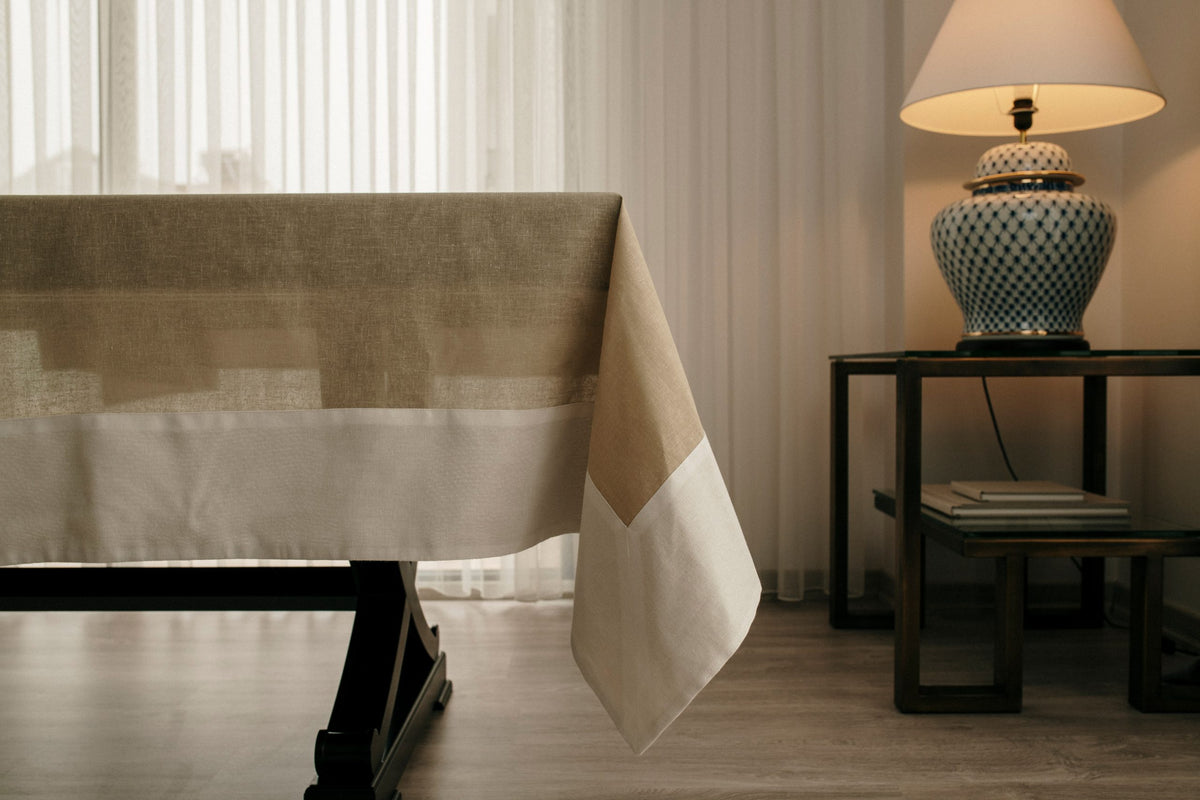 Terreno Linen Beige & White Tablecloth