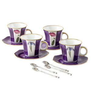 Set of 4 Violet Espresso Cups, Saucers & Spoons