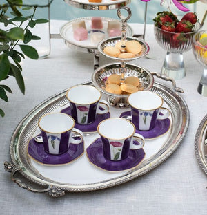 Set of 4 Violet Espresso Cups, Saucers & Spoons