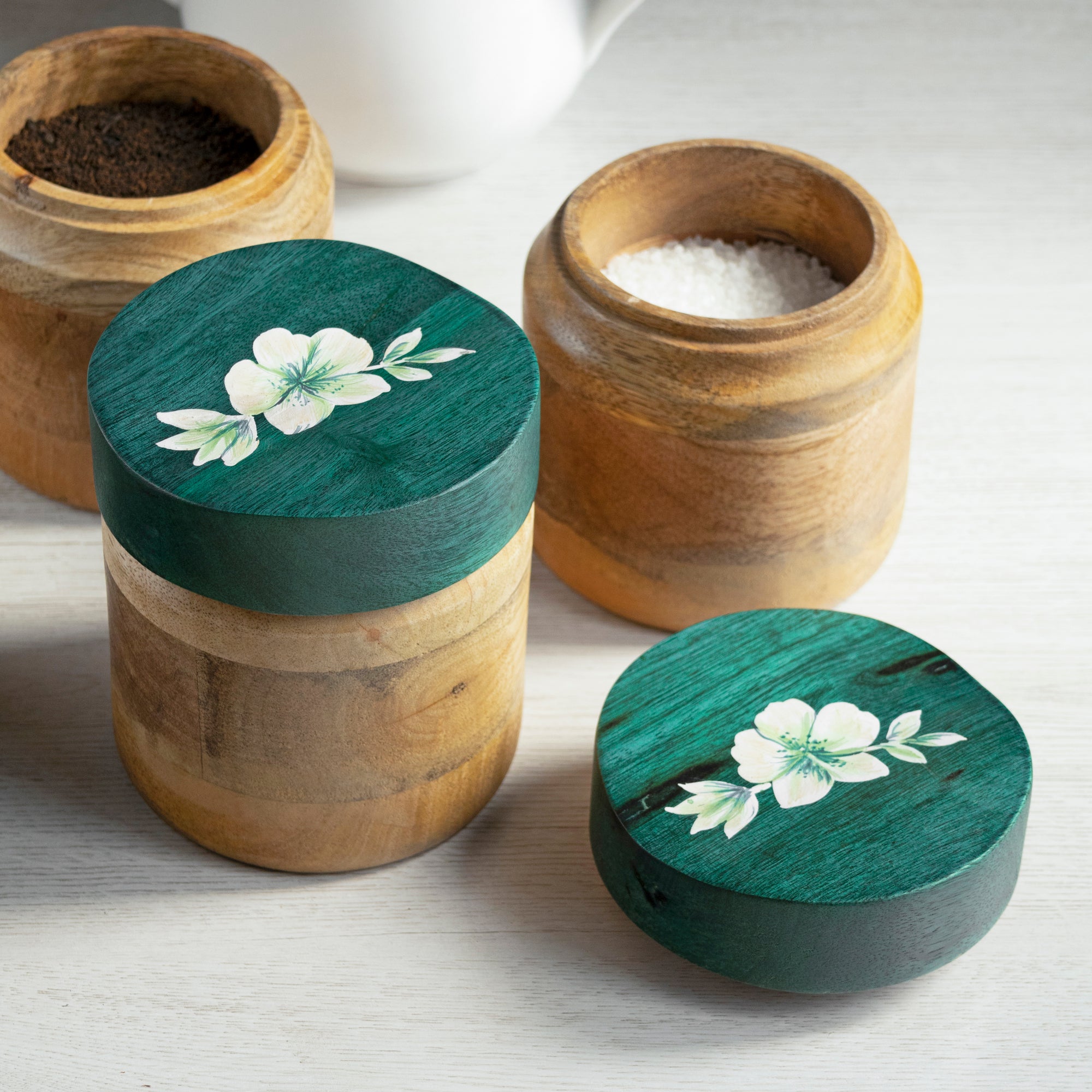 Set of 3 Mango Wood Iris Jars